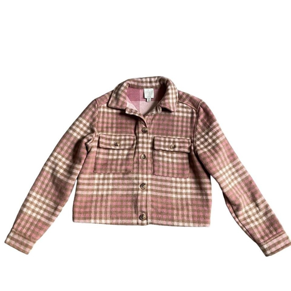 Joie Bomber Jacket S/P Pink White Plaid Crop Boxy Shacket Button Up Cottagecore